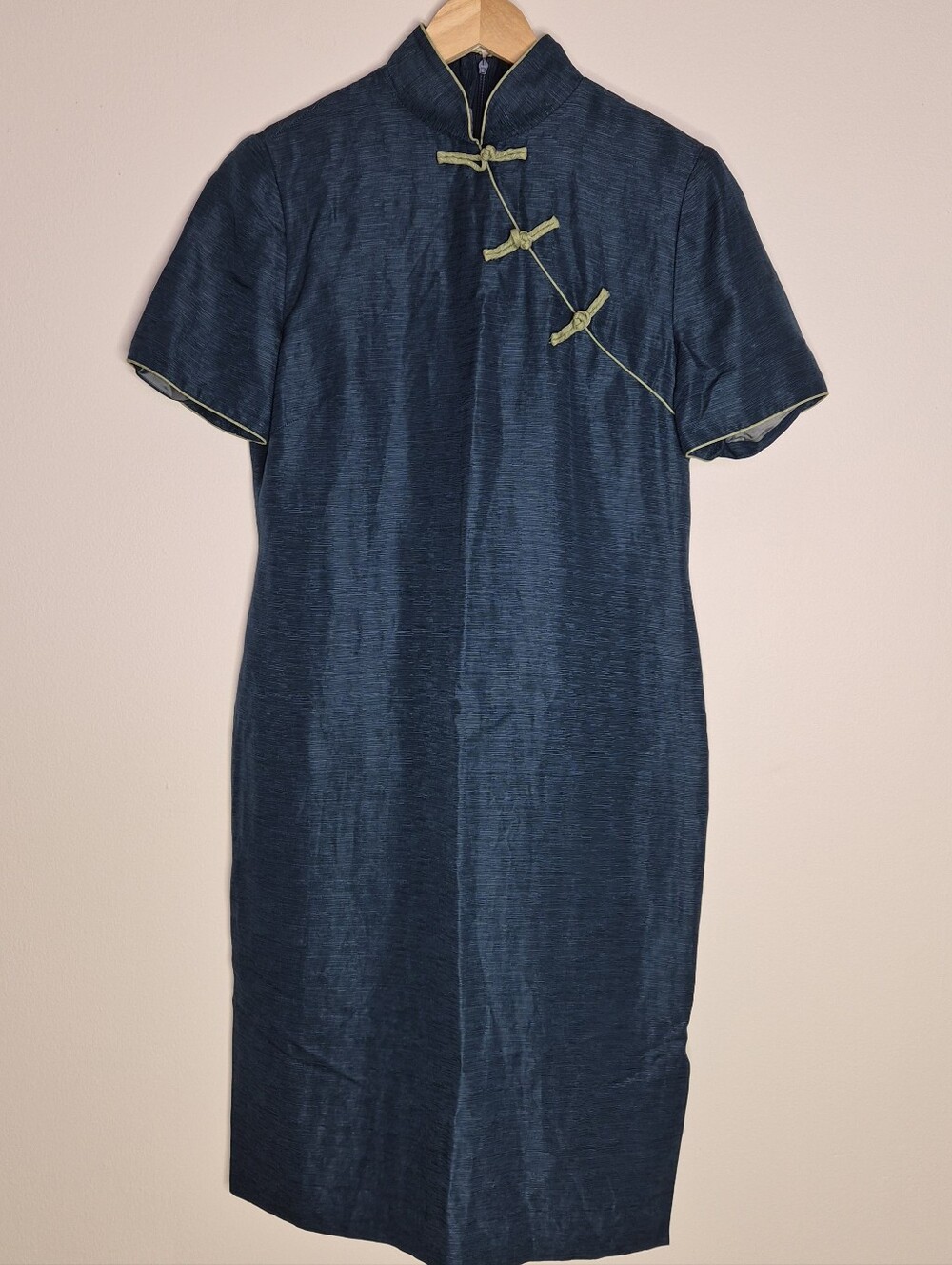 SHOMI by Shor Mandarin Collar Silk Linen Cheongsam Qipao Blue Dress Size 8